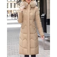 Women's Long Puffer Thicken Winter Coat Thermal Warm Parka with Fur Collar Drawstring Zipper Outerwear with Pocket Hoodie Outerwear Long Sleeve Fall Black Lightinthebox - thumbnail