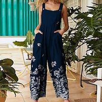 Women's Jumpsuit High Waist Print Floral Square Neck Streetwear Going out Regular Fit Sleeveless Blue Pink Dark Gray S M L Fall miniinthebox - thumbnail