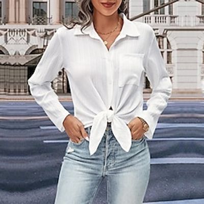 Shirt Blouse Women's White Solid  Plain Color Button Front Tie Daily Fashion Shirt Collar Regular Fit S Lightinthebox