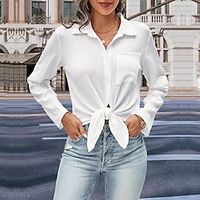 Shirt Blouse Women's White Solid  Plain Color Button Front Tie Daily Fashion Shirt Collar Regular Fit S Lightinthebox - thumbnail