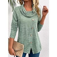 Women's Shirt Blouse Plain Black Blue Purple Button Long Sleeve Casual Fashion Round Neck Regular Fit Spring   Fall Lightinthebox - thumbnail