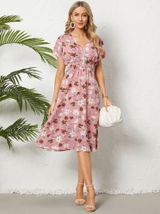 Pink Floral Print Shirring V-neck Short Sleeves Midi Dress