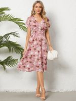 Pink Floral Print Shirring V-neck Short Sleeves Midi Dress - thumbnail