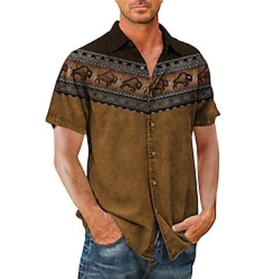 Men's Shirt Summer Hawaiian Shirt Tribal Graphic Prints Vintage Turndown Blue Purple Green Khaki Gray Street Casual Short Sleeves Button-Down Print Clothing Apparel Tropical Sports Streetwear Designer miniinthebox