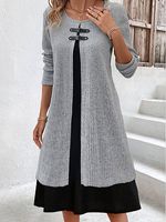 Women's Color Block Knit Button Slim Fit Long Sleeve Dress