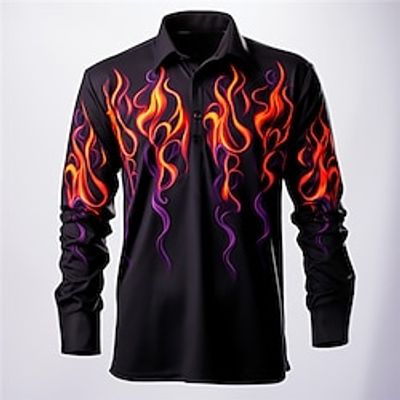 Flame Men's Abstract Print 3D Golf Polo Outdoor Casual Daily Streetwear Polyester Long Sleeve Turndown Polo Shirts Yellow Red Fall  Winter S M L Micro-elastic Lapel Polo Lightinthebox