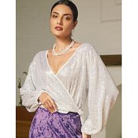 Sequin Silver Glitter Wrap Bishop Sleeve Blouse - thumbnail