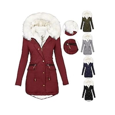 Women's Parka Fleece Lined Puffer Jacket Thicken Winter Coat with Fur Collar Hood Thermal Warm Heated Jacket with Pockets Fall Windproof Zipper Drawstring Outerwear Long Sleeve Lightinthebox