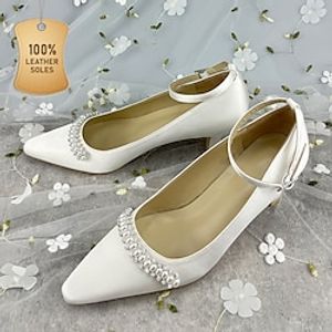 Women's Wedding Shoes Pumps Valentines Gifts Mary Jane Party Bridal Shoes Bridesmaid Shoes Imitation Pearl Low Heel Square Toe Elegant Satin Ankle Strap White Lightinthebox