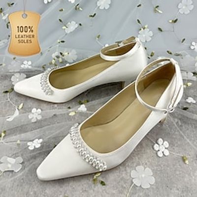Women's Wedding Shoes Pumps Valentines Gifts Mary Jane Party Bridal Shoes Bridesmaid Shoes Imitation Pearl Low Heel Square Toe Elegant Satin Ankle Strap White Lightinthebox