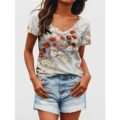 Women's T shirt Tee Floral Casual Daily Red Blue Print Short Sleeve Fashion V Neck Regular Fit Summer Lightinthebox
