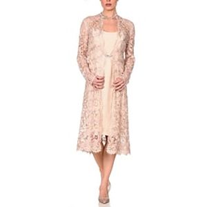 Two Piece Mother of the Bride Dress Wedding Guest Party Elegant Petite Bateau Neck Tea Length Chiffon Lace Long Sleeve with Crystal Brooch 2023 Lightinthebox