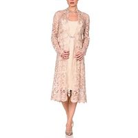 Two Piece Mother of the Bride Dress Wedding Guest Party Elegant Petite Bateau Neck Tea Length Chiffon Lace Long Sleeve with Crystal Brooch 2023 Lightinthebox - thumbnail