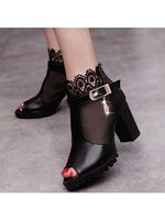 Chunky High Heeled Lace Velvet Peep Toe Date Peep-Toe Heels - thumbnail