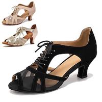 Women's Latin Dance Shoes Salsa Shoes Dance Shoes Party Practice Ballroom Dance Bootie Mesh Ankle Boots Mesh Lace-up Tulle Low Heel Peep Toe Lace-up Adults' Nude Black Gold Lightinthebox - thumbnail