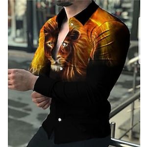 Men's Shirt Aloha Shirt Animal Lion Turndown Yellow 3D Print Outdoor Street Long Sleeve Button-Down Print Clothing Apparel Fashion Casual Breathable miniinthebox