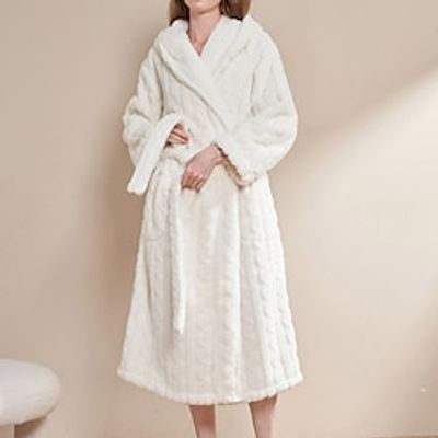 Women's Pajamas Winter Robes Gown Bathrobes Nighty Color Combo Comfort Soft Plush Robe Home Daily Bed Polyester Warm Hoodie Long Sleeve Pocket Hoodie Winter Fall Green Blue  Pjs Lightinthebox