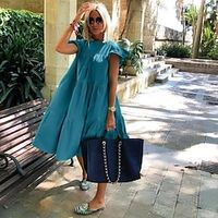 Summer women's loose pleated short sleeved dress solid color casual dress short Dress Lightinthebox