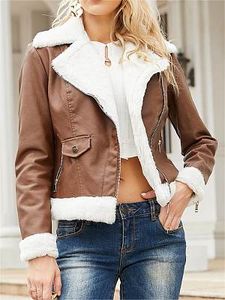 Women's Fleece Warm Long Sleeve Lapel Leather Jacket