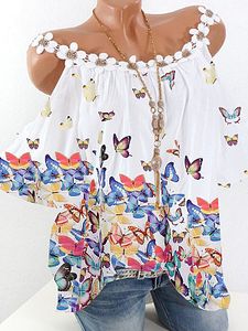 Open Shoulder Patchwork Butterfly Print Blouse