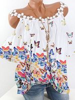 Open Shoulder Patchwork Butterfly Print Blouse - thumbnail