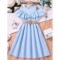 Kids Girls' Dress Solid Color Short Sleeve School Casual Ruffle Fashion Daily Polyester Summer 7-13 Years Sky Blue Lightinthebox