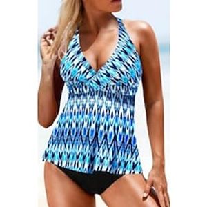 Women's Swimwear Tankini 2 Piece Normal Swimsuit 2 Piece Printing Geometic Blue Tank Top Bathing Suits Sports Summer Lightinthebox
