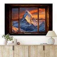 Landscape Wall Art Canvas False Window Sunset Over Snowy Mountains Prints and Posters Landscape Pictures Decorative Fabric Painting For Living Room Pictures No Frame miniinthebox