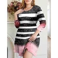 Women's Plus Size Curve Casual Dress Skater Dress Gradient Stripe Mini Dress 34 Length Sleeve Print Crew Neck Fashion Outdoor Pink Blue Fall Winter L XL 2XL 3XL 4XL Lightinthebox - thumbnail