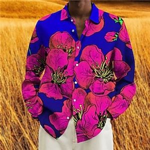 Men's Shirt Floral Turndown Blue 3D Print Outdoor Street Long Sleeve Button-Down Print Clothing Apparel Fashion Designer Casual Breathable Lightinthebox