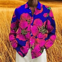 Men's Shirt Floral Turndown Blue 3D Print Outdoor Street Long Sleeve Button-Down Print Clothing Apparel Fashion Designer Casual Breathable Lightinthebox - thumbnail