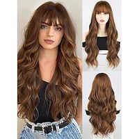 Brown Wig with Bangs for Women Long Wavy Hair Wig Brown Highlight Wig Curly Wavy Synthetic Wigs for Girls Daily Party Use miniinthebox - thumbnail