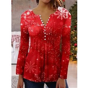 Women's Shirt Red Snowflake Button Print Long Sleeve Christmas Casual Basic Shirt Collar Regular S miniinthebox