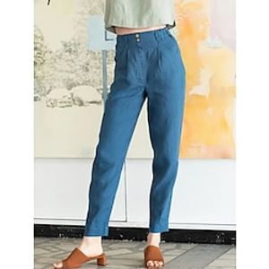 Women's Linen Cotton Blend Chinos Pants Full Length Pocket High Cut High Waist Light and Comfortable Breathable Natural Stay Cool Basic Casual Work Daily Wear Blue S 2XL Summer Spring Lightinthebox