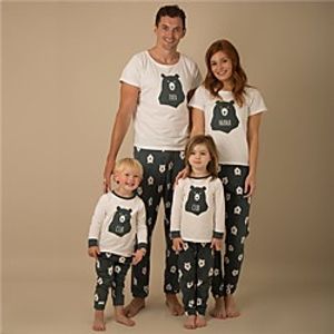 Family Look Christmas Pajamas Cartoon Bear Letter Print White Long Sleeve Active Matching Outfits miniinthebox