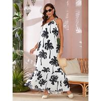 Satin Leaf Print One Shoulder Maxi Dress