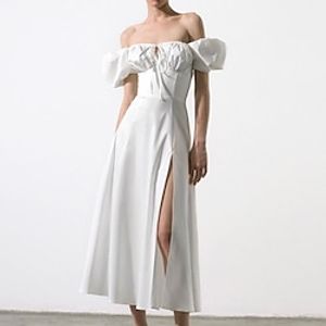 Women's Sheath Dress Maxi long Dress White Black Short Sleeve Pure Color Split Cold Shoulder Puff Sleeve Spring Summer Off Shoulder Stylish Modern 2022 XS S M L miniinthebox