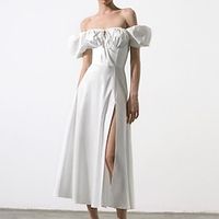 Women's Sheath Dress Maxi long Dress White Black Short Sleeve Pure Color Split Cold Shoulder Puff Sleeve Spring Summer Off Shoulder Stylish Modern 2022 XS S M L miniinthebox - thumbnail
