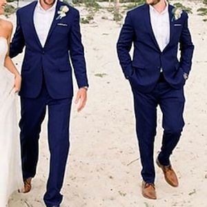 Blue Men's Beach Wedding Suits 2 Piece Solid Colored Tailored Fit Single Breasted Two-buttons 2023 Lightinthebox