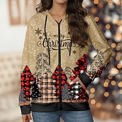 Women's Designer Sweatshirt Zip Hoodie Sweatshirt Plaid Christmas Tree Sportswear Festival Print Drawstring Zip Up Yellow Red Blue Christmas Casual Hoodie Long Sleeve Top Micro-elastic Fall  Winter Lightinthebox