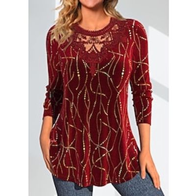 Women's T shirt Tee Velvet Red Striped Lace Print Long Sleeve Daily Weekend Fashion Round Neck Regular Fit Painting Spring   Fall Lightinthebox