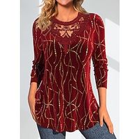 Women's T shirt Tee Velvet Red Striped Lace Print Long Sleeve Daily Weekend Fashion Round Neck Regular Fit Painting Spring   Fall Lightinthebox - thumbnail