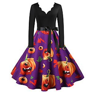 Women's A Line Dress Knee Length Dress Blue Purple Blushing Pink Black Red Long Sleeve Print Bow Print Fall Winter V Neck Casual Vintage Halloween 2021 S M L XL XXL 3XL miniinthebox
