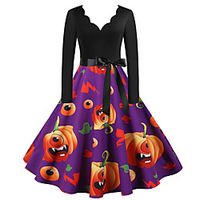 Women's A Line Dress Knee Length Dress Blue Purple Blushing Pink Black Red Long Sleeve Print Bow Print Fall Winter V Neck Casual Vintage Halloween 2021 S M L XL XXL 3XL miniinthebox - thumbnail