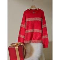 Chenille Set-in Crew Neck Ribbed Knit Sweater