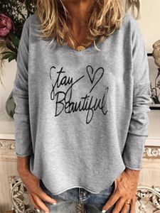Grey Letter V-neck Long Sleeves Tee