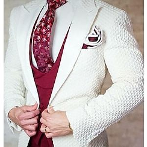 White Men's Prom Wedding Party Tuxedos 3 Piece Peak Jacquard Grid Pattern Tailored Fit Single Breasted One-button 2023 Lightinthebox