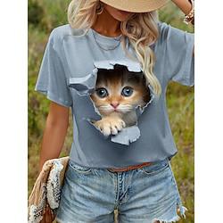 Women's T shirt Tee Animal Daily Weekend Print Blue Short Sleeve Fashion Round Neck 3D cat Summer Lightinthebox