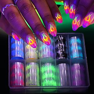 10 Roll/Box Luminous Fire Flame Nail Foil Set Nail Art Transfer Sticker Decal Yellow Blue Slider Starry Papers Decoration miniinthebox