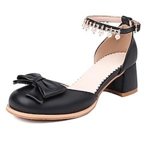Women's Heels Ankle Strap Heels Daily Bowknot Chunky Heel Round Toe Cute Faux Leather Ankle Strap Solid Color Black White Pink Lightinthebox